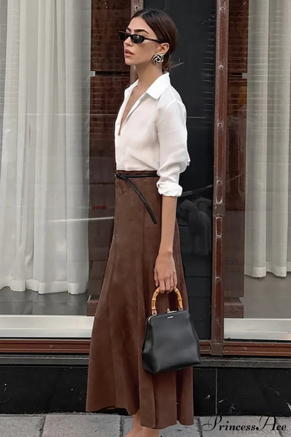 Retro Brown Suede High Waist Maxi Skirt