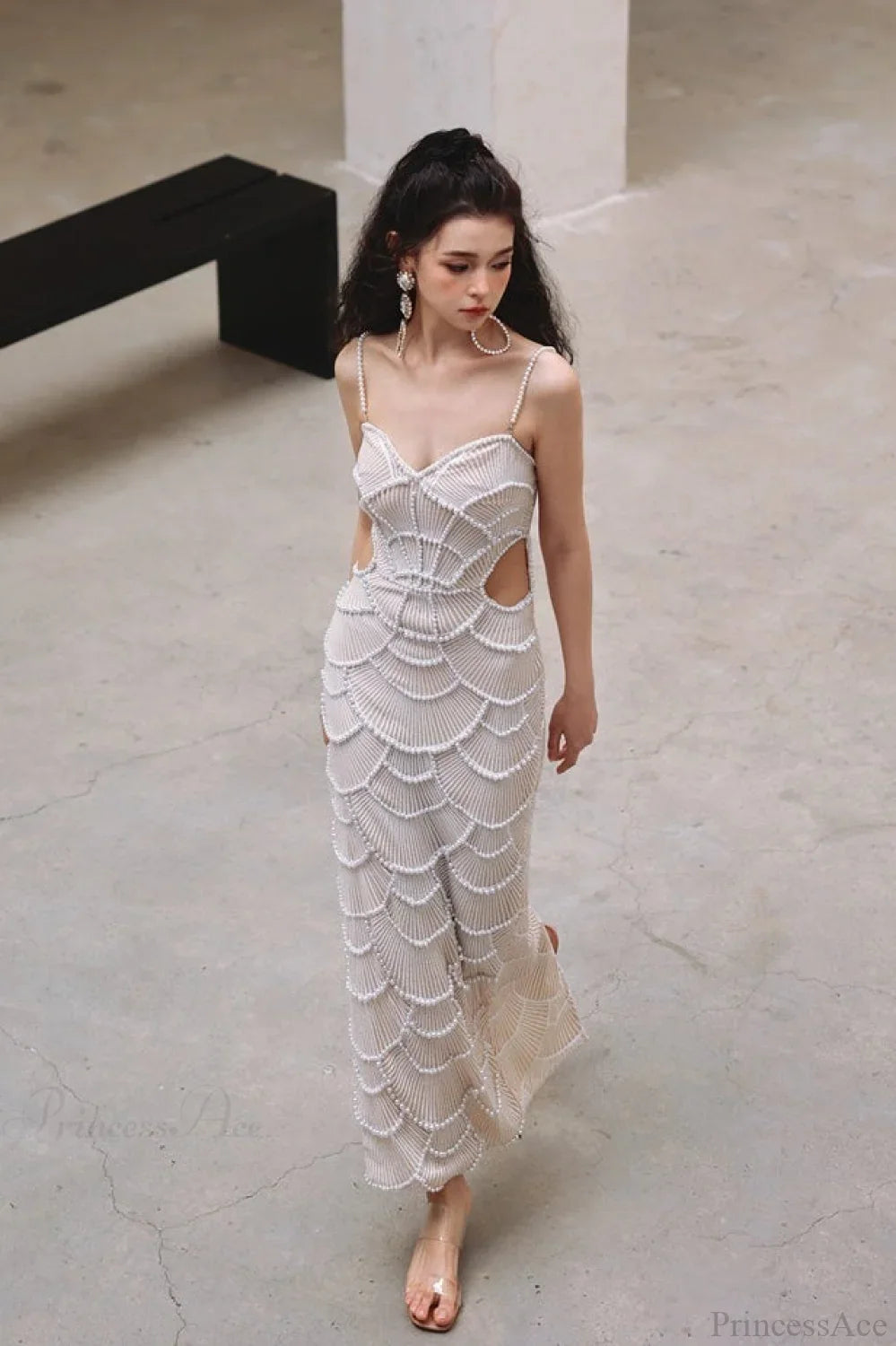 Sequin Beaded Cutout Waist Spaghetti Strap Wedding Dress