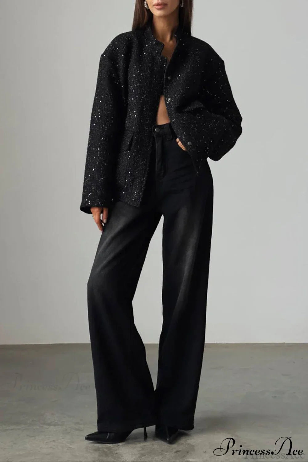 Sequin Metallic Stand Collar Loose Fashion Coat