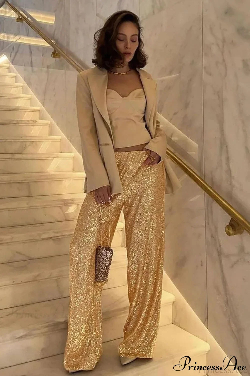 Sequin Slim-Fit Straight Casual Pants