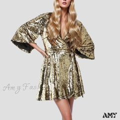 Sequin V Neck Gold Party Evening Long Ball Sexy Gown Women Prom Bridesmaid Elegant High Waist Dress