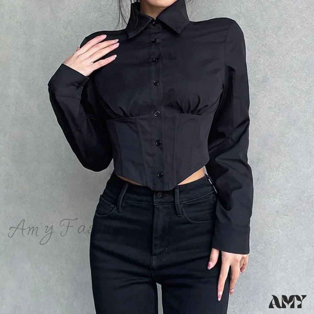 Sexy Folds Gothic Black Short Top Blouse Black / S