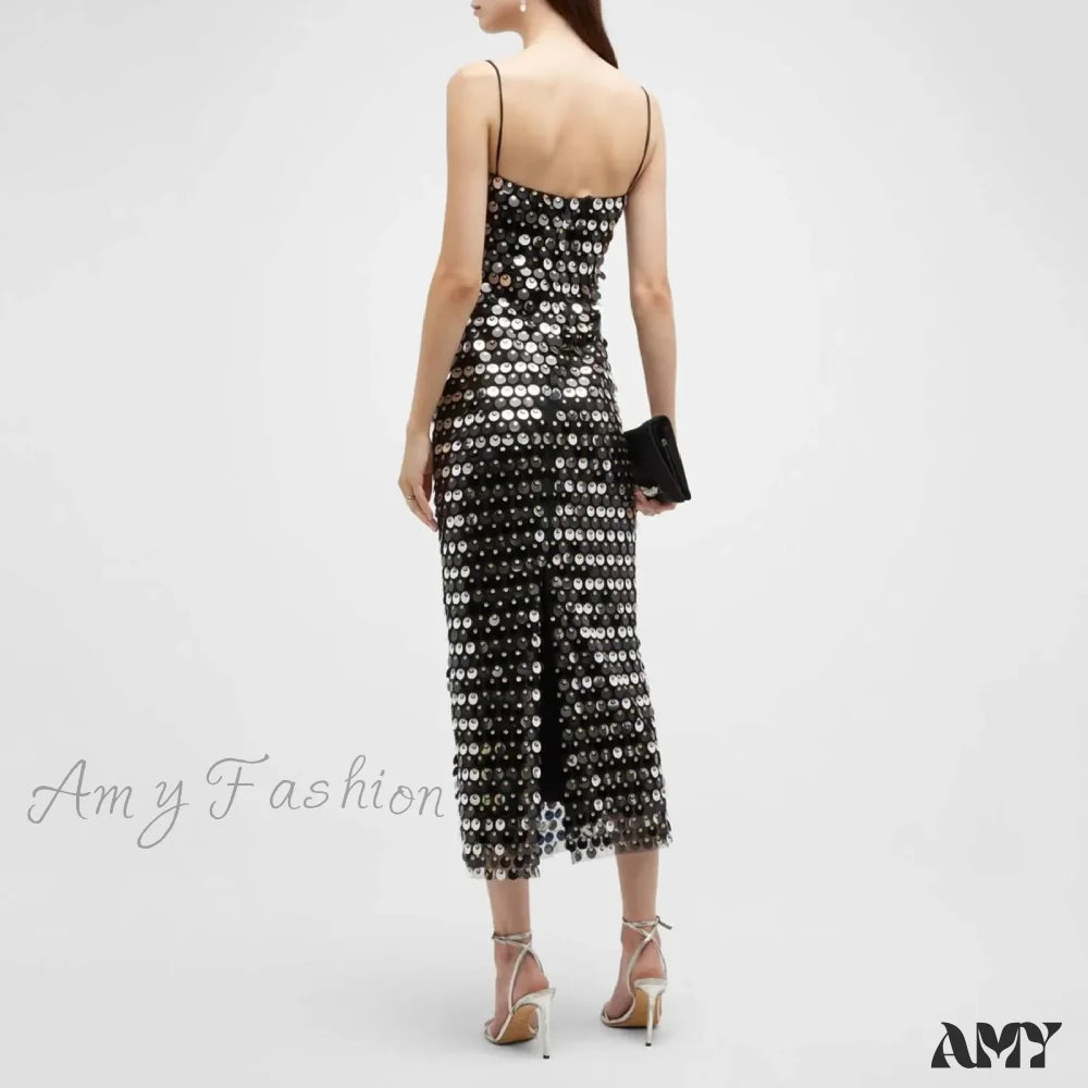 Sexy Suspender Slim Sequin Sleeveless Sling Cocktail Evening Gown Chic Lady Elegant Sequins