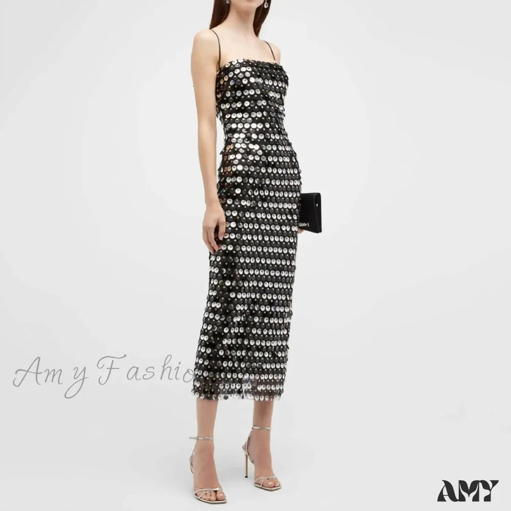Sexy Suspender Slim Sequin Sleeveless Sling Cocktail Evening Gown Chic Lady Elegant Sequins