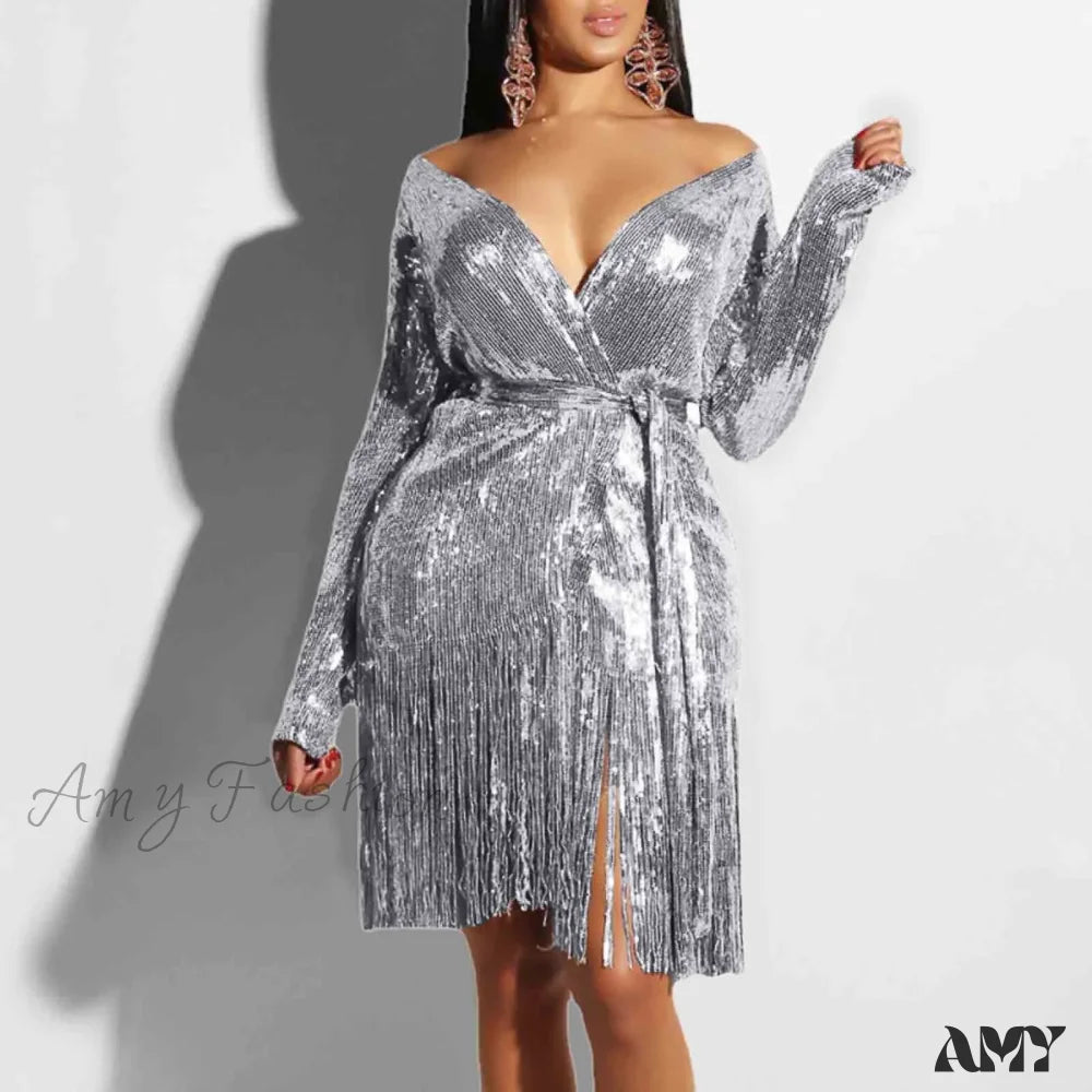 Sexy Vintage Elegant Black Maxi Sequined Summer Tassel Short-Sleeve Cocktail Party Vestidos Dress