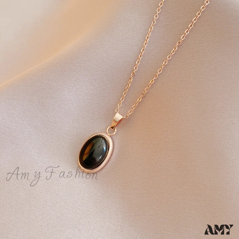 Simple Fashion Opal Stone 18K Gold Necklace Rose Gold + Black