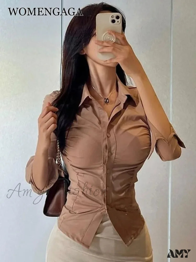 Single-Breasted Waist Tight Slim Long-Sleeve Sweet Blouse
