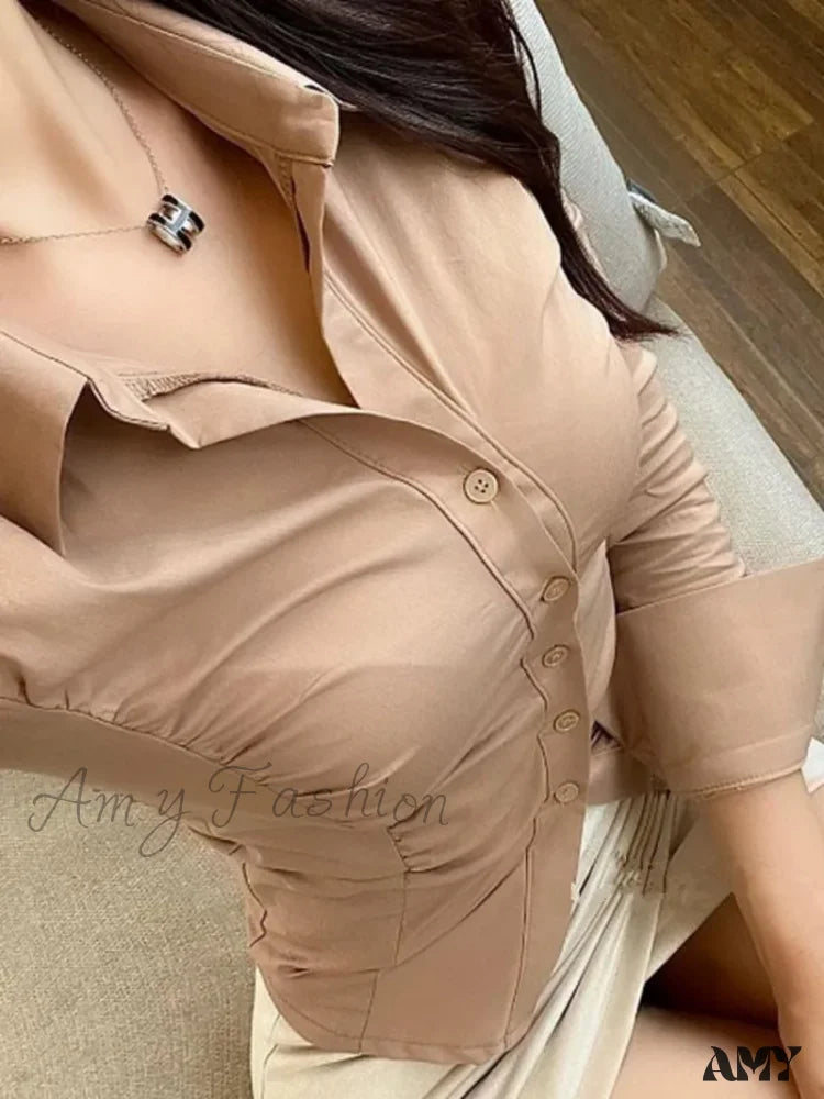 Single-Breasted Waist Tight Slim Long-Sleeve Sweet Blouse