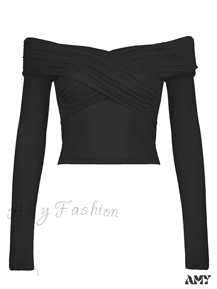 Solid Color Front Cross V-Neck Off Shoulder Blouse Black / S