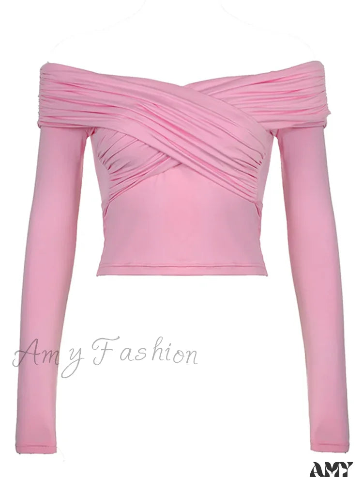 Solid Color Front Cross V-Neck Off Shoulder Blouse Pink / S