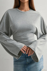 Solid Crew Neck Wide Sleeve Waist Cinched Long Sleeve Tee