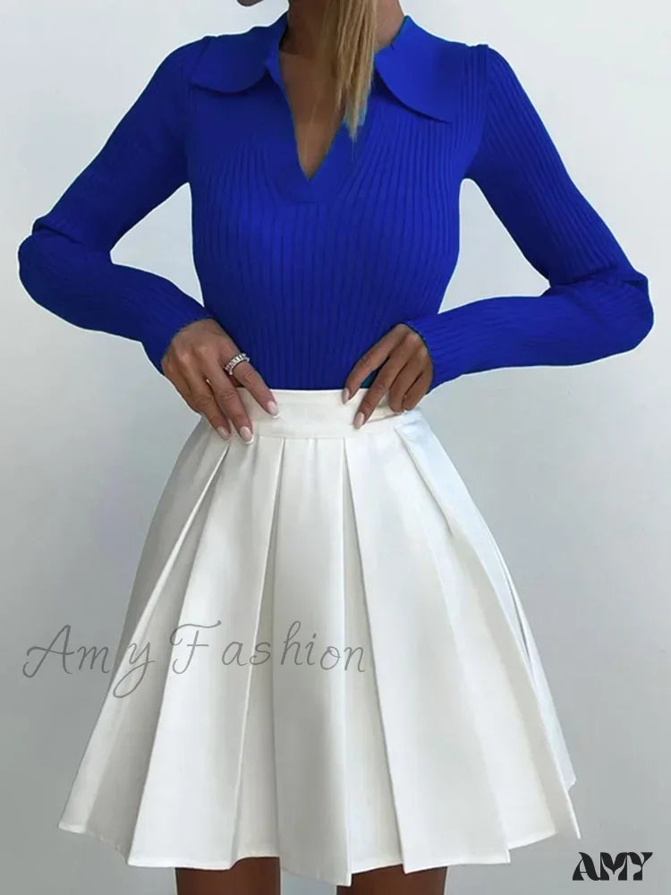 Spring Women’s Knitted Blouse Long Sleeve Polo Collar Slim Stylish Cozy Trendy Comfortable
