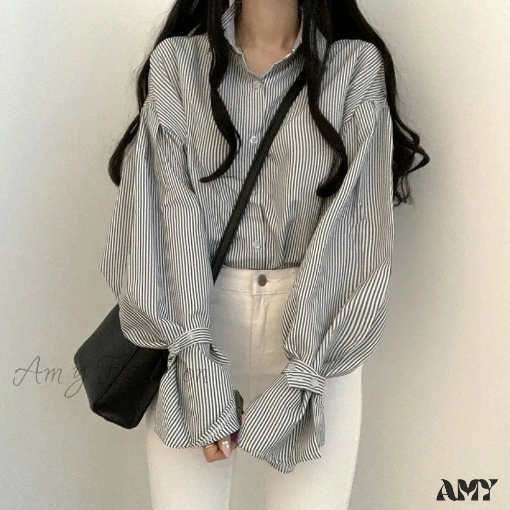 Stripe Loose Spring Retro Casual Elegant Lapel Leisure Blouse