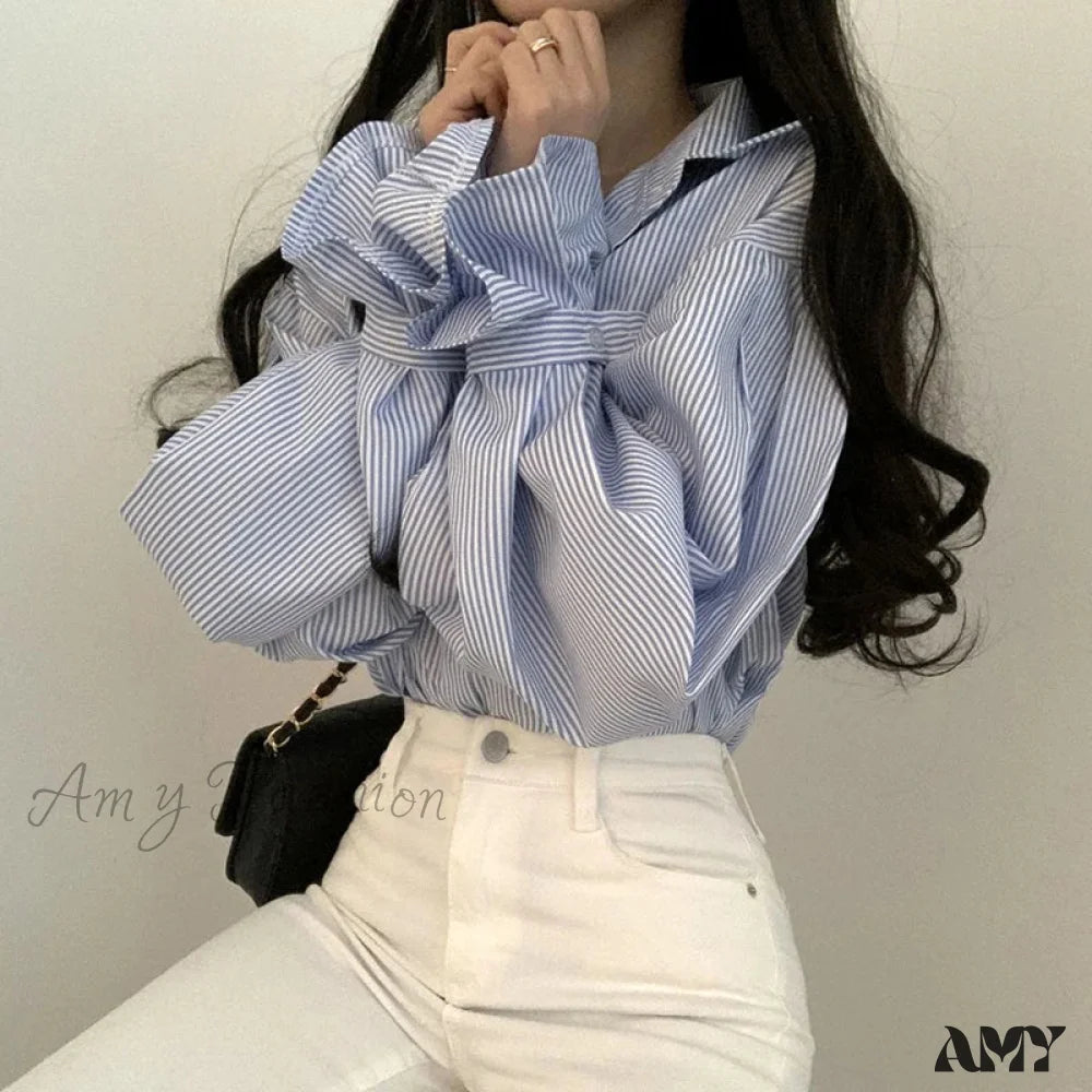 Stripe Loose Spring Retro Casual Elegant Lapel Leisure Blouse Blue / S