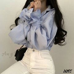 Stripe Loose Spring Retro Casual Elegant Lapel Leisure Blouse Blue / S