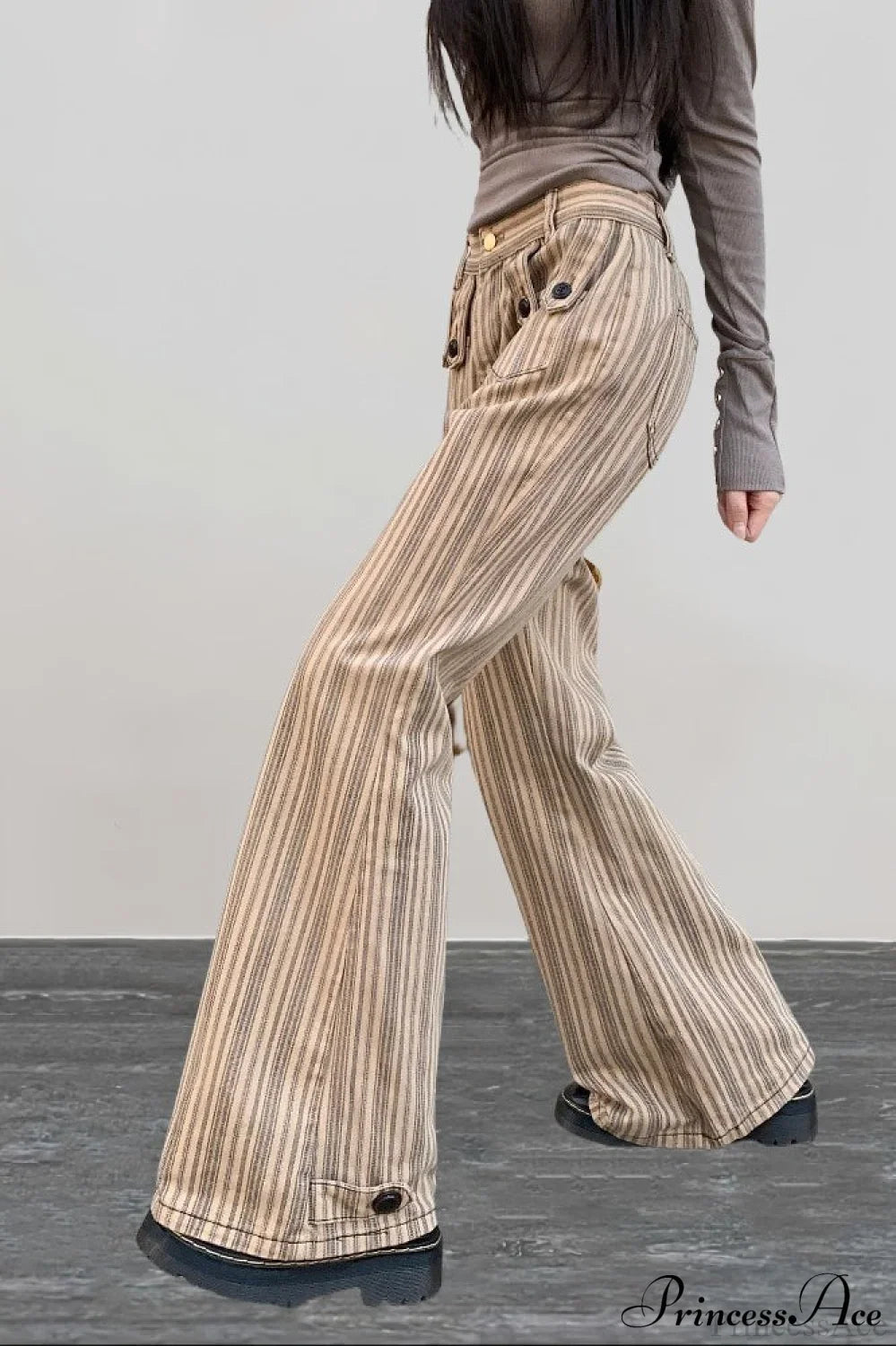 Striped Khaki Low Waist Slim Flared Jeans
