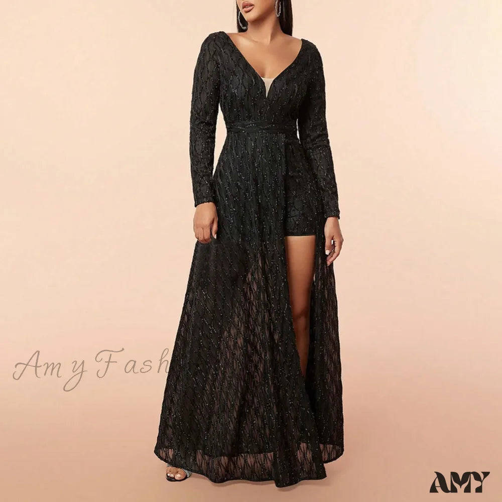 Summer Elegant Embroidered Sleeveless V-Neck Slim Wedding Bridesmaid Long Maxi Dress Black / Xs