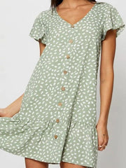Robe imprimée à col en V et simple boutonnage 