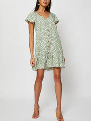 Robe imprimée à col en V et simple boutonnage 