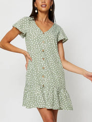 Robe imprimée à col en V et simple boutonnage 