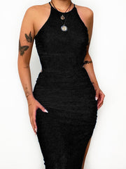 Robe plissée fendue dos nu à col halter unie 