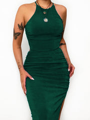 Robe plissée fendue dos nu à col halter unie 