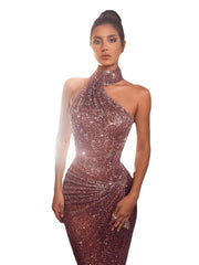 Robe de soirée romantique à sequins fendue et traîne 