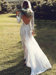 Robe de mariée romantique en dentelle dos nu, longue jusqu'au sol 