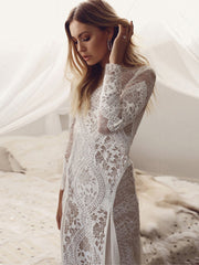 Robe de mariée romantique en dentelle dos nu, longue jusqu'au sol 