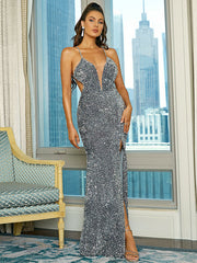 Robe de soirée à bretelles et sequins style Hepburn, col en V 