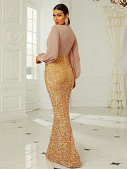 Robe de soirée sirène à col V et manches longues ornée de sequins, style mariage, élégante et tendance. 