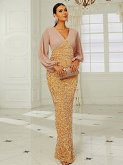 Robe de soirée sirène à col V et manches longues ornée de sequins, style mariage, élégante et tendance. 
