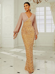 Robe de soirée sirène à col V et manches longues ornée de sequins, style mariage, élégante et tendance. 