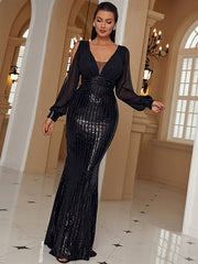 Robe de soirée Hepburn à col en V, manches longues, coupe sirène et sequins 