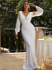 Robe de soirée Hepburn à col en V, manches longues, coupe sirène et sequins 