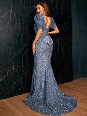 Robe de soirée sirène à sequins, col en V, fente courte 