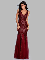 Robe de soirée sirène en maille à sequins et à double col en V sans manches, robe de demoiselle d'honneur brillante 