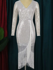 Robe de cocktail à franges fendues et extensible à sequins 