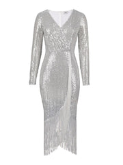 Robe de cocktail à franges fendues et extensible à sequins 