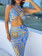 Ensemble soutien-gorge imprimé dos nu à lacets et jupe 
