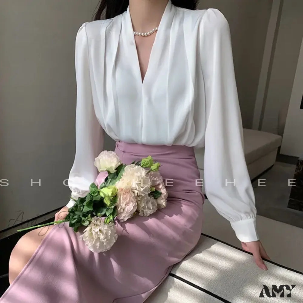 Temperament Pleated Solid Color V-Neck Femme Fashion Buttons Blouse