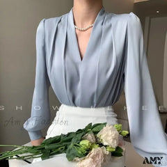 Temperament Pleated Solid Color V-Neck Femme Fashion Buttons Blouse