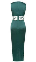 Robe midi en dentelle turquoise fendue sur la cuisse