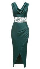 Robe midi en dentelle turquoise fendue sur la cuisse