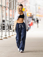 Pantalon large élégant à taille élastique lacée 