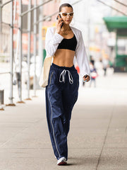 Pantalon large élégant à taille élastique lacée 