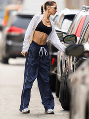 Pantalon large élégant à taille élastique lacée 