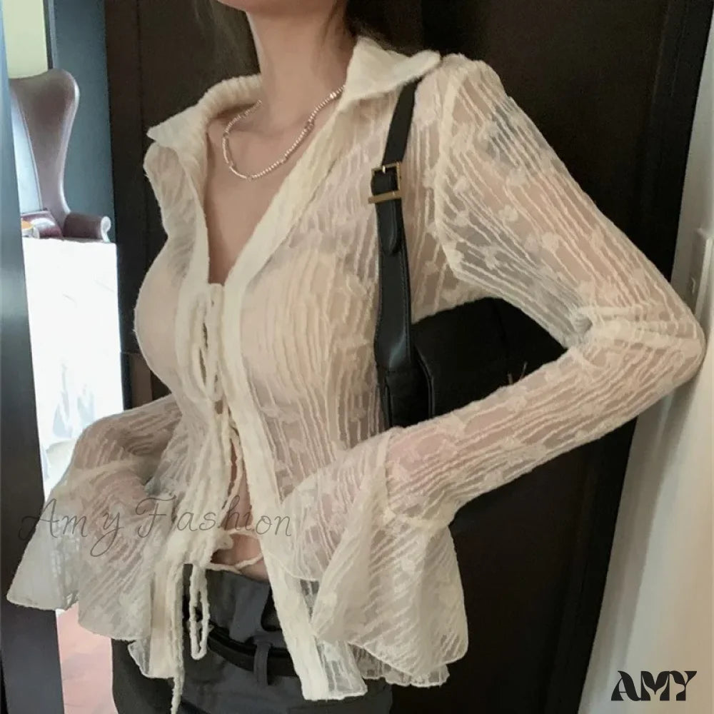 Transparent Lace Harajuku Long Sleeve See Through Goth Blouse White / S