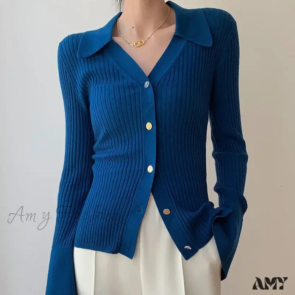 Vintage Luxury Knitted Cardigan Long Sleeve Tops Slim Polo Large Lapel Korean Fashion High Quality