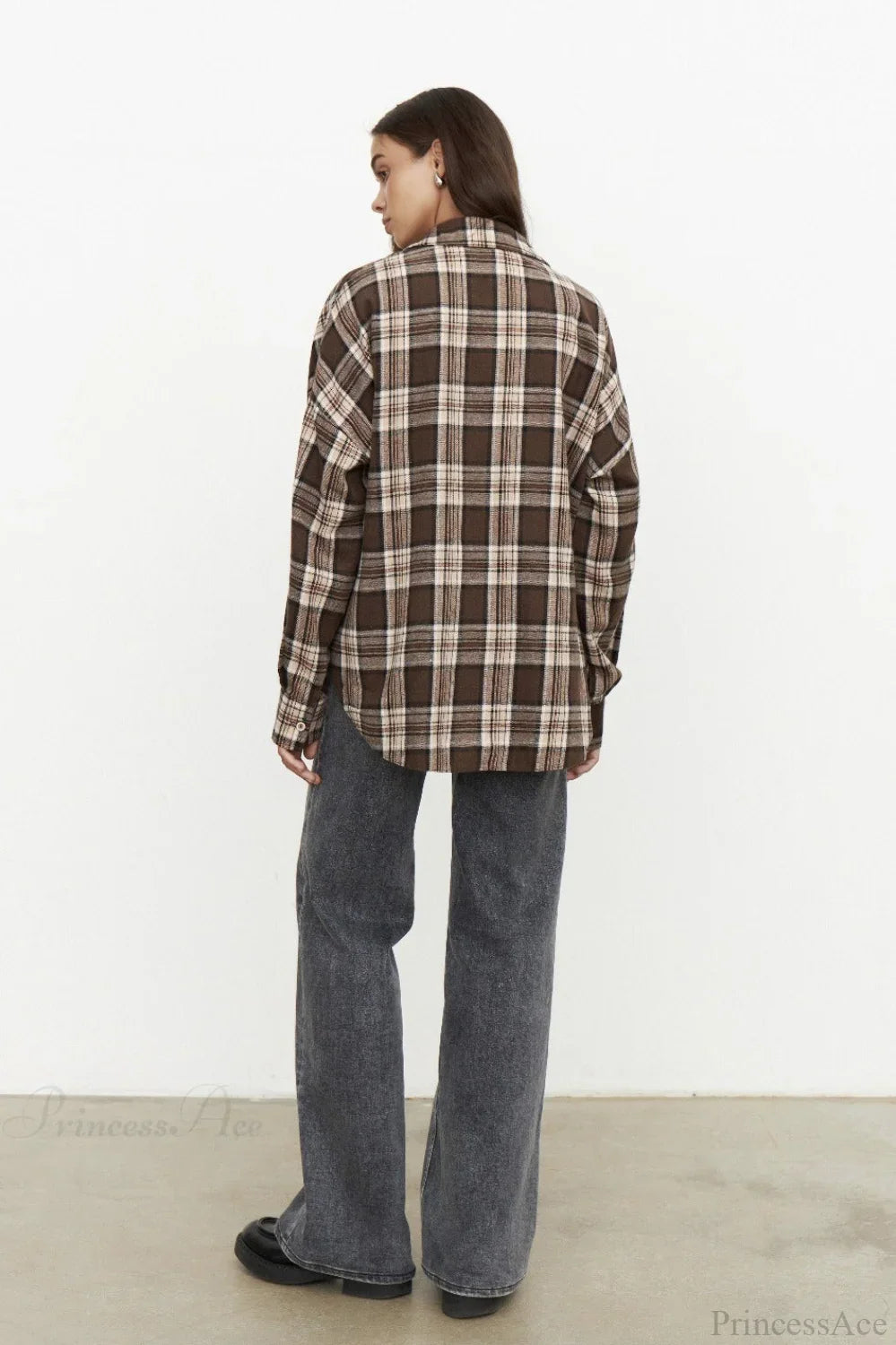 Vintage Plaid Pocket Long Sleeve Collared Blouse